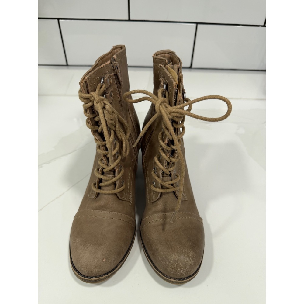 Madden Girl Westmont Women Taupe Lace Up Side Zip Cap Toe Block Heel Boots 7.5M